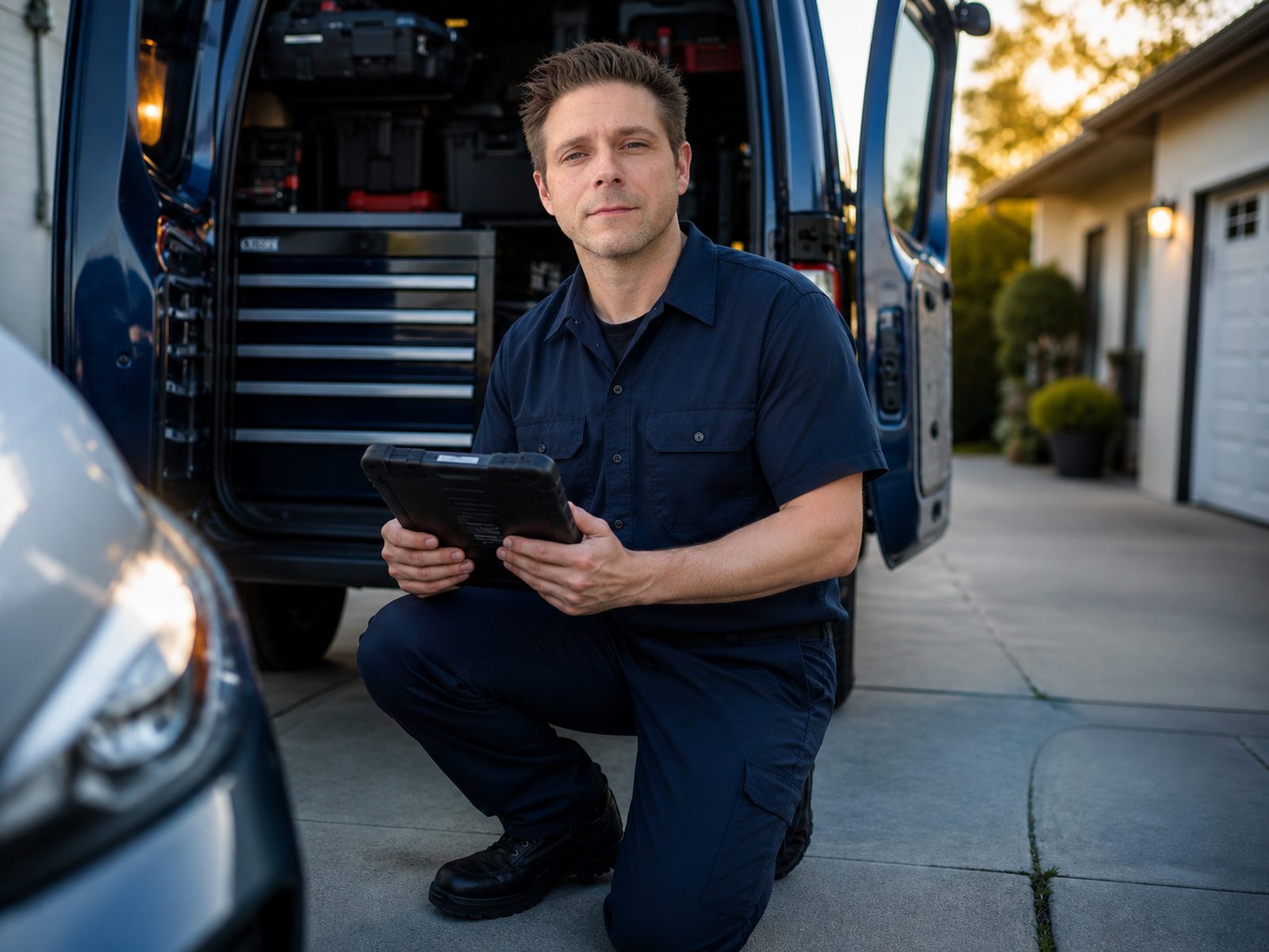 A mobile mechanic ready to help a driver at their location.